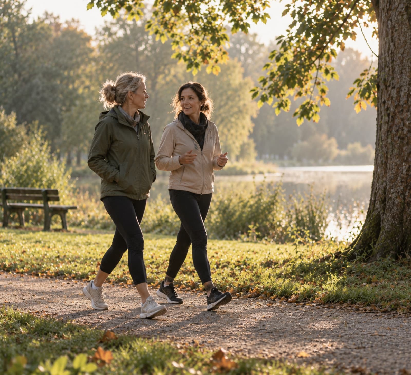 Zwei Frauen um 50 gehen zügig nebeneinander einen Parkweg entlang und unterhalten sich.