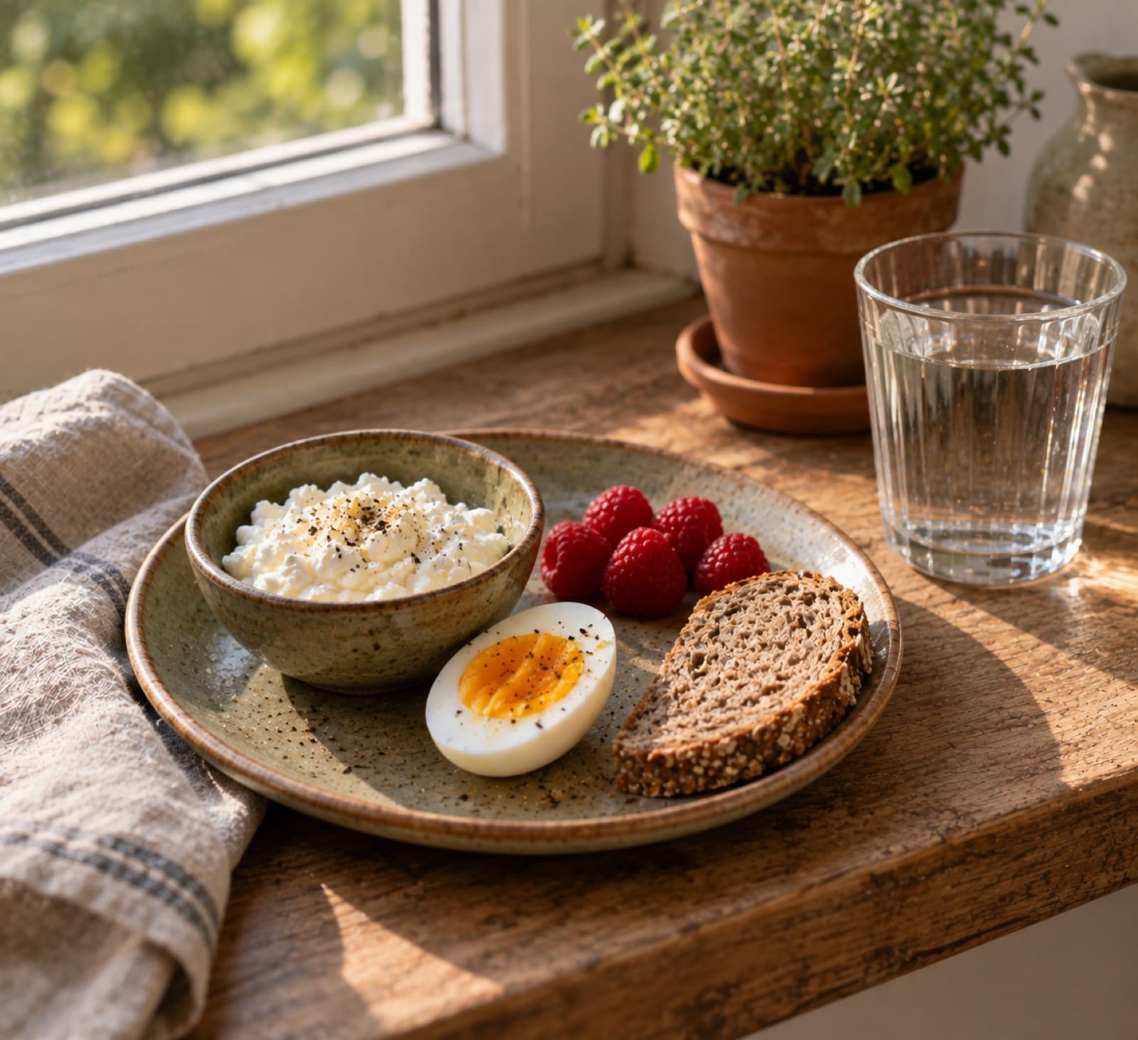 Kleines Frühstück auf einem Teller: Hüttenkäse, ein Ei, Himbeeren, ein halbes Vollkornbrot, ein Glas Wasser.