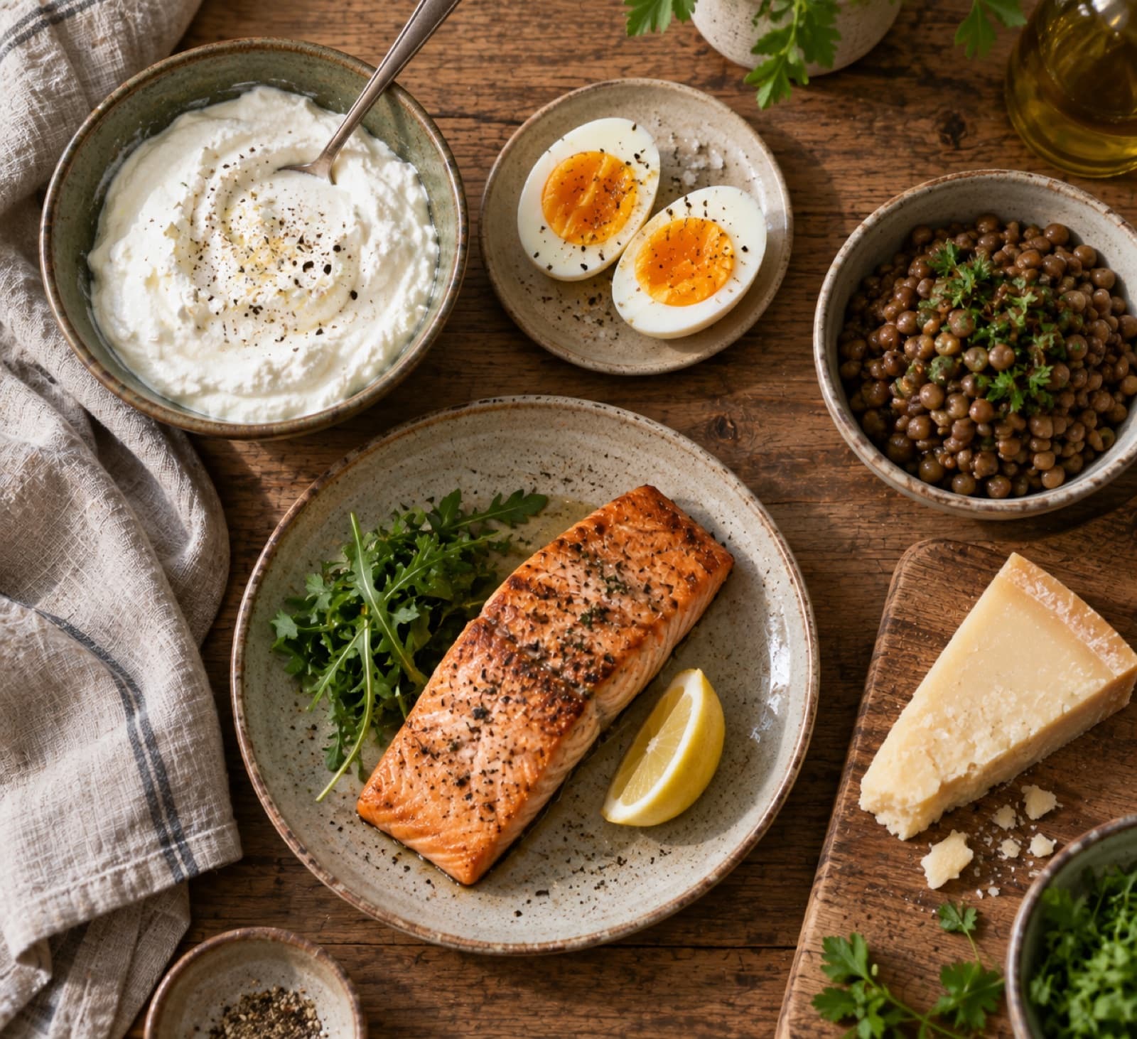 Holztisch mit Quark, halbierten Eiern, Linsen, gebratenem Lachs und Hartkäse von oben.