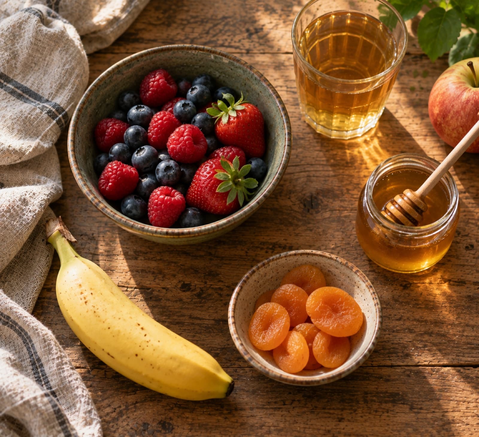 Beeren, eine Banane, ein Glas Honig, ein Glas Apfelsaft und getrocknete Aprikosen auf einem Holztisch.