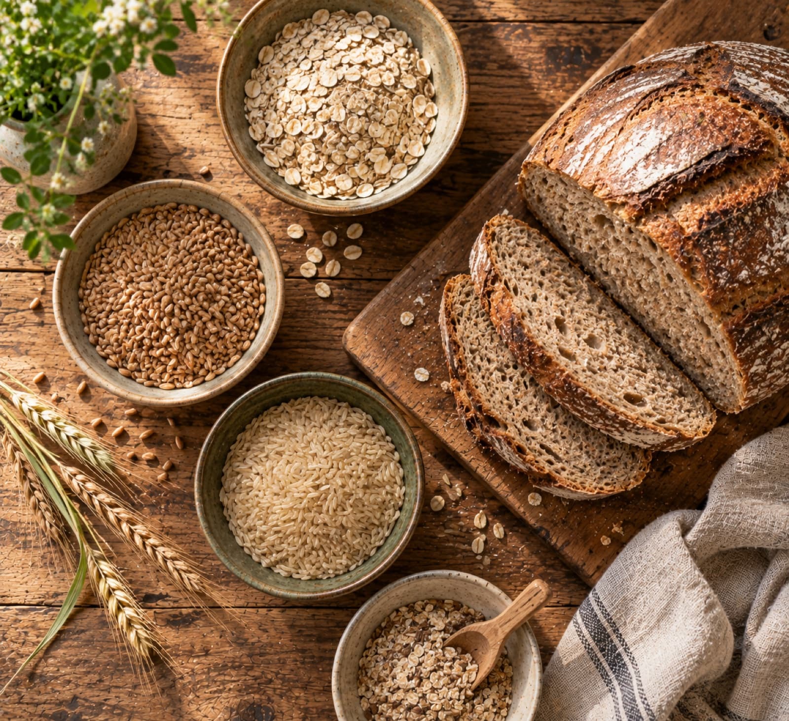 Aufgeschnittenes Vollkorn-Sauerteigbrot und kleine Schalen mit Hafer, Dinkel und Reis auf Leinen.
