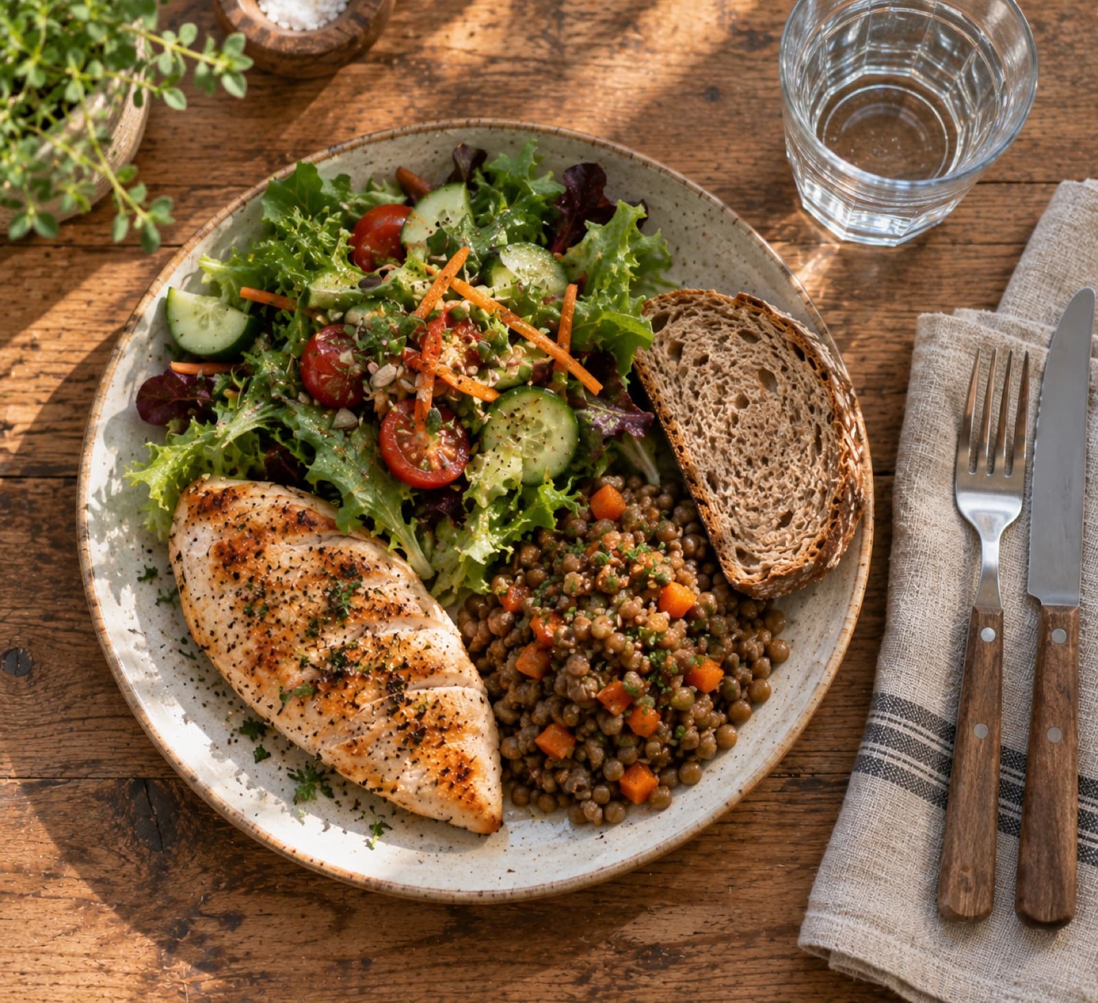 Ein Mittagsteller mit Hähnchenbrust, großem Salat, Linsen und Vollkornbrot, dazu ein Glas Wasser.