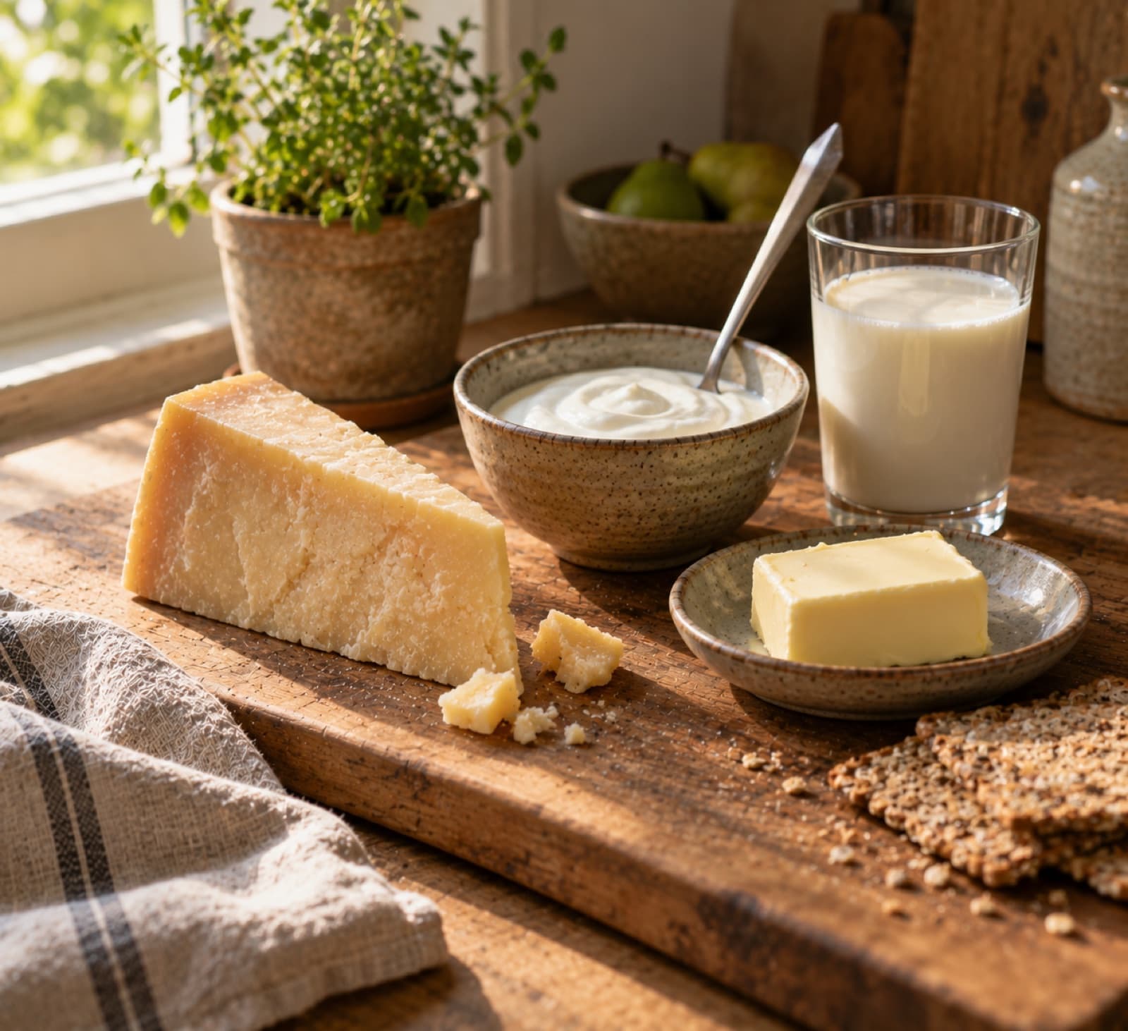 Hartkäse, eine Schale Joghurt, ein Glas Milch und Butter auf einem Holzbrett im Fensterlicht.