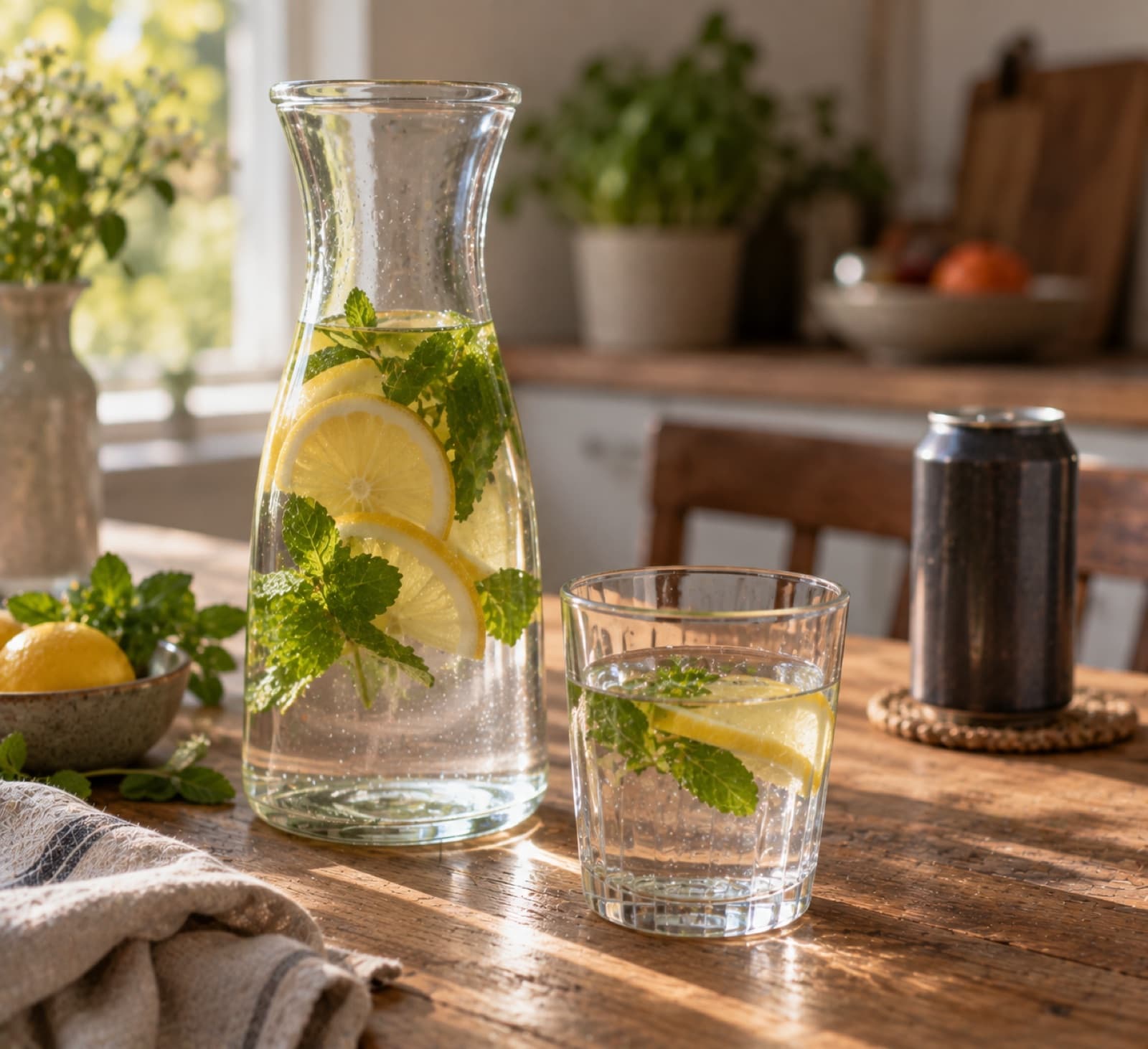 Eine Karaffe Wasser mit Zitrone und Minze und ein gefülltes Glas, im Hintergrund eine Getränkedose.