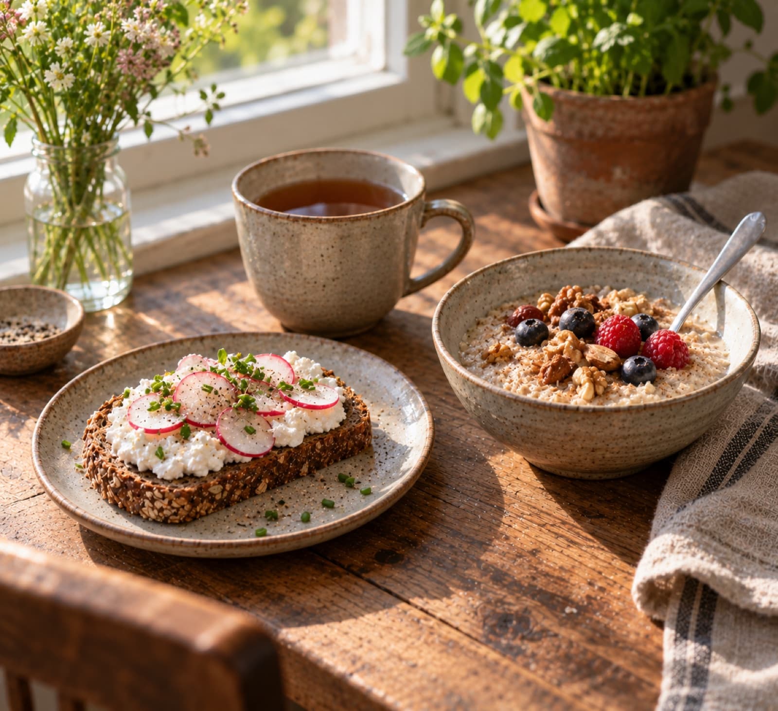 Dunkles Vollkornbrot mit Hüttenkäse und Radieschen, eine Schale Haferbrei mit Nüssen und eine Tasse Tee.