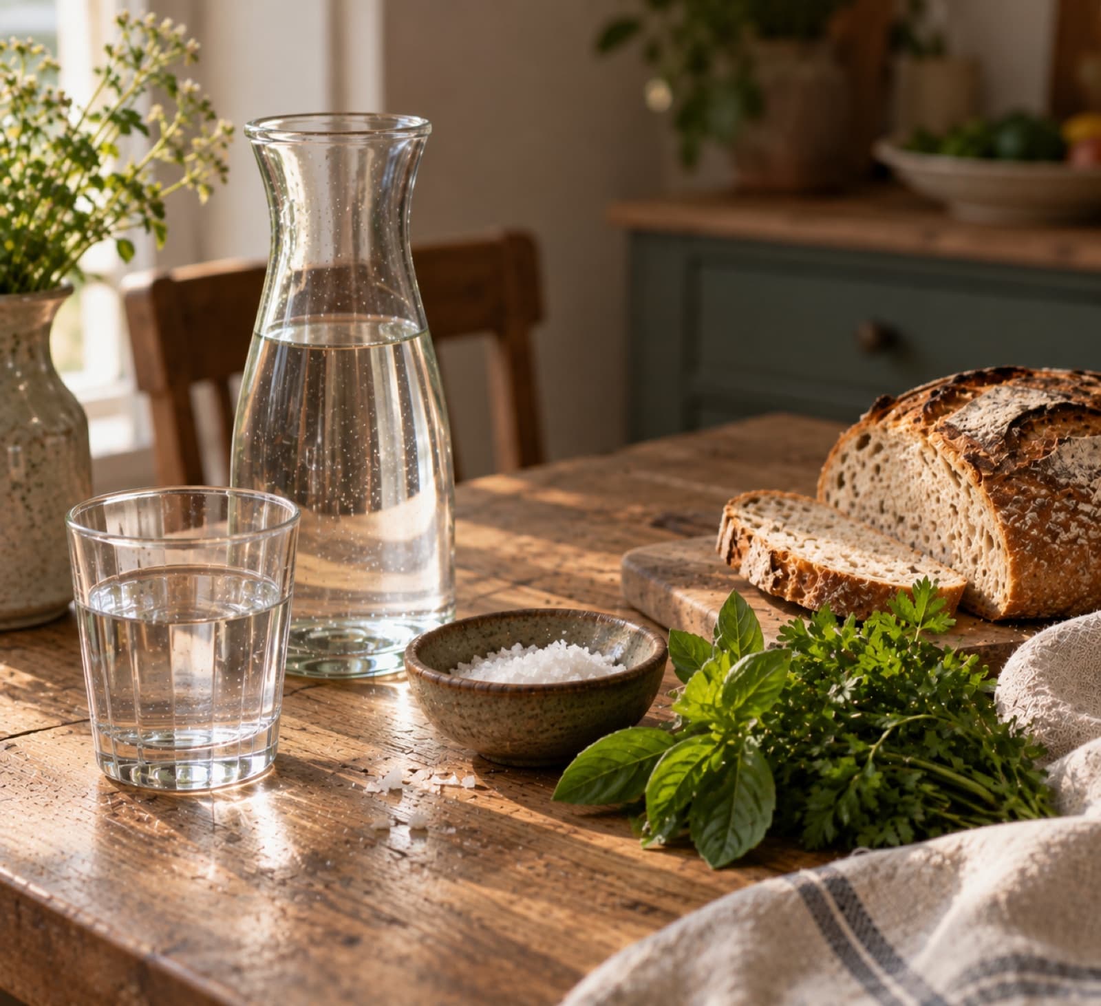 Eine Karaffe Wasser, ein Glas, eine kleine Schale grobes Salz, frische Kräuter und ein Brot auf Holz.